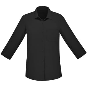 A black women's button-up shirt with 3/4 sleeves and a chest pocket, featuring a simple design and a logo.