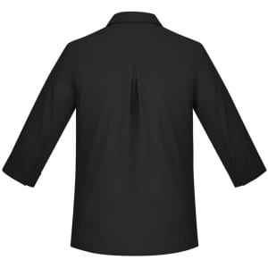 A black women's button-up shirt with 3/4 sleeves and a back pleat. Features a collar and cuffed sleeves.
