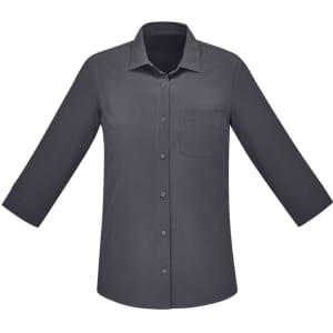 A women's button-up shirt in dark grey with 3/4 sleeves and a single chest pocket. It features a logo.
