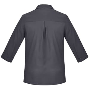 A women's charcoal grey button-up shirt with 3/4 sleeves and a back pleat, featuring a collar.