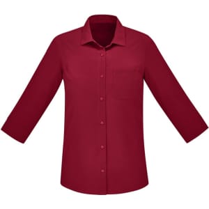 A burgundy 3/4 sleeve button-up shirt with a single chest pocket, featuring a logo.