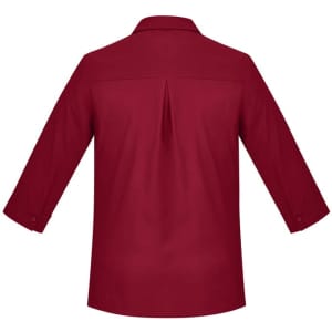 A red women's button-up shirt with 3/4 sleeves and a back pleat, featuring a collar and button cuffs.