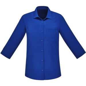 A blue women's button-up shirt with 3/4 sleeves and a pocket on the front. It features a brand logo.