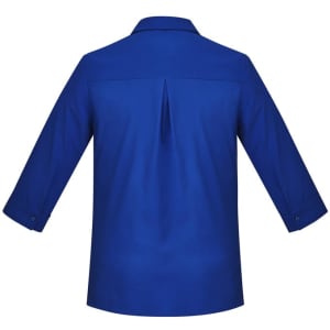 A blue women's button-up shirt with 3/4 sleeves and a back pleat detail. Features a collar and cuffed sleeves.