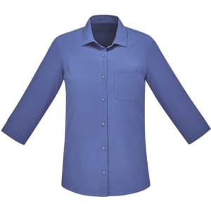 A blue women's button-up shirt with 3/4 sleeves and a chest pocket, featuring a logo.