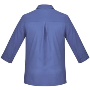 A blue women's button-up shirt with 3/4 sleeves and a back pleat, featuring a collar and cuffed sleeves.