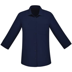 A navy blue women's button-up shirt with 3/4 sleeves and a chest pocket.