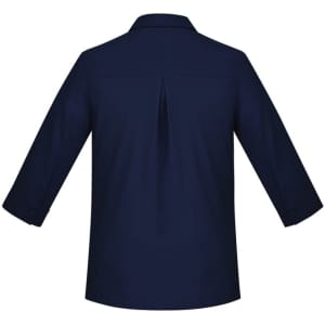 A navy blue women's button-up shirt with 3/4 sleeves and a back pleat, featuring a collar and cuffed sleeves.