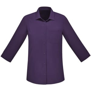 A purple women's 3/4 sleeve button-up shirt with a pocket and a collar. It has a logo on it.
