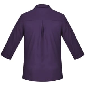 A purple women's button-up shirt with 3/4 sleeves and a back pleat, featuring a collar and button cuffs.