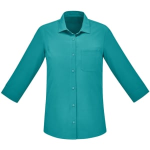 A teal 3/4 sleeve button-up shirt with a chest pocket and a collared neckline. It features a brand logo.