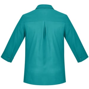 A teal women's button-up shirt featuring 3/4 sleeves and a back pleat detail. The shirt has a collar and button cuffs.