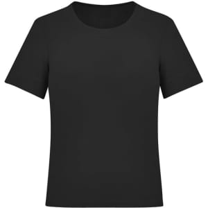 A black short sleeve jersey top with a round neckline and a simple design. It features a branding logo.