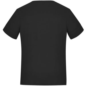 A black women's short sleeve jersey top featuring a simple design and a logo on the back.