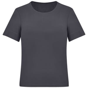 A short sleeve jersey top in dark grey with a round neckline, featuring a simple design and brand logo.