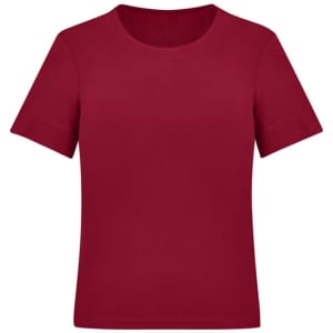 A burgundy short sleeve jersey top with a round neckline, featuring a simple design and a logo.