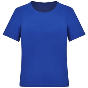 A bright blue women's short sleeve jersey top with a round neckline and short sleeves. Features a logo.