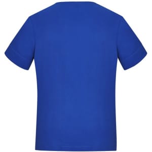 A blue women's short sleeve jersey top with a simple, rounded neckline and short sleeves. It features a logo.