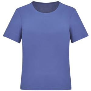 A women's short sleeve jersey top in a solid blue colour featuring a round neckline and a logo.