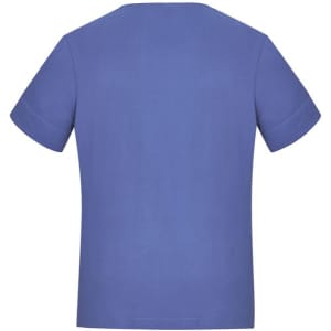 A blue women's short sleeve jersey top with a simple design and a logo on the back.