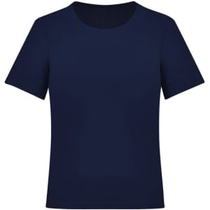 A navy women's short sleeve jersey top with a simple design and a rounded neckline. It features a branding logo.