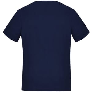 A navy blue women's short sleeve jersey top with a simple design and a logo on the back.