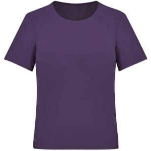 A purple short sleeve jersey top with a round neckline, featuring a simple design and a logo.