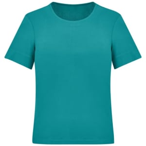 A teal women's short sleeve jersey top with a round neckline and short sleeves. It features a branding logo.