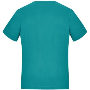 A teal women's t-shirt featuring short sleeves and a simple, unembellished design, with a logo on the back.