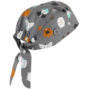 A unisex printed scrub cap in grey, featuring colourful animal patterns and a tie-back design.