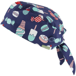A navy unisex printed scrub cap featuring a playful design of sweets, including ice creams and lollipops.