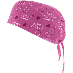 A unisex pink scrub cap featuring printed stethoscopes and hearts, with a button and tie at the back.