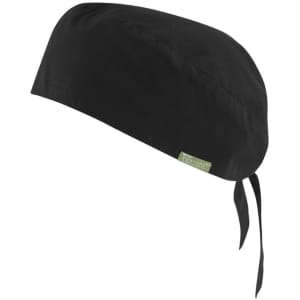 A black unisex reversible scrub cap with a tie at the back and a small logo on the side.