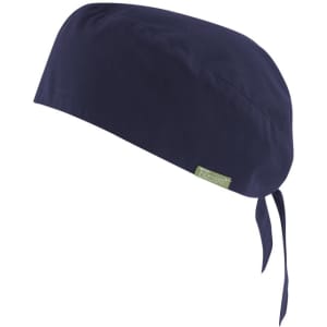 A navy blue unisex reversible scrub cap with ties and a logo. Suitable for medical or uniform use.