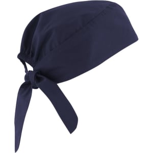 A navy unisex reversible scrub cap with a tie at the back and a logo.