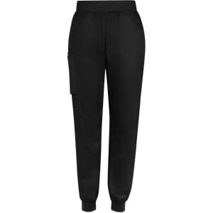 A pair of black slim leg jogger scrub pants featuring an elastic waistband and side cargo pocket.