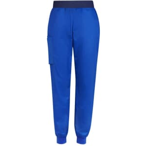 A pair of blue slim leg jogger scrub pants with a waistband and side pocket, featuring a logo.