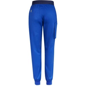 A pair of women's slim leg jogger scrub pants in bright blue, featuring pockets and an elastic waistband.