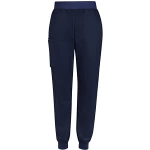A pair of navy women's slim leg jogger scrub pants featuring a side pocket and elasticised waistband.