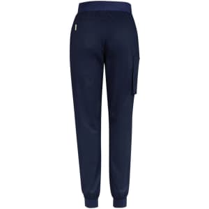 Navy blue women's jogger scrub pants with an elastic waistband and a side pocket. Features a logo on the back.