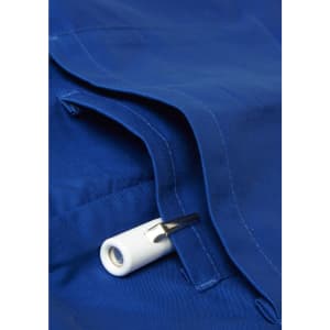 A close-up of blue women's jogger scrub pants, featuring a white drawstring detail.