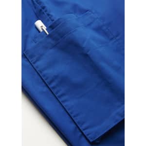 A blue slim leg jogger scrub pant featuring a side pocket with a white pen visible.