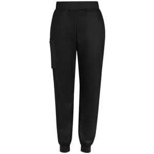 A pair of black slim leg jogger scrub pants featuring a side pocket and elastic cuffs.