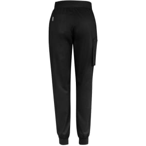 A pair of black slim leg jogger scrub pants featuring an elastic waistband and side pockets.