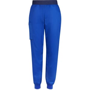 Slim leg jogger scrub pants in vibrant blue with an elastic waistband and side pocket. Features a logo.