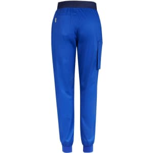 A pair of blue men's slim leg jogger scrub pants featuring an elastic waistband and pockets.