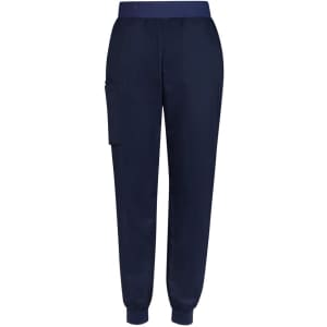 A pair of navy slim leg jogger scrub pants with an elastic waistband and side pocket.