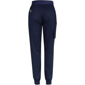 Navy slim leg jogger scrub pants with an elastic waistband and pockets, featuring a logo.