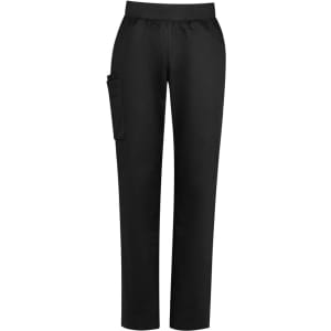 Black women's Riley straight leg scrub pants featuring a side pocket and an elastic waistband.
