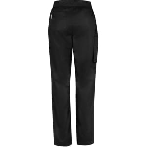 Black women's straight leg scrub pants featuring a back pocket and a side cargo pocket. Includes a branding logo.